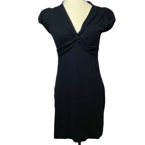 Mandee Solid Black V Neck Twist Front Stretchy Mini Dress Short Sleeve size L - Picture 1 of 10